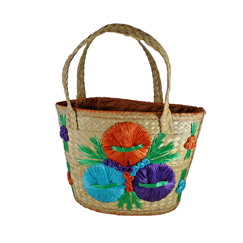 Vtg Hand Woven Straw Tote Bag Raffia Blue Orange Flowers Green Lined Beach